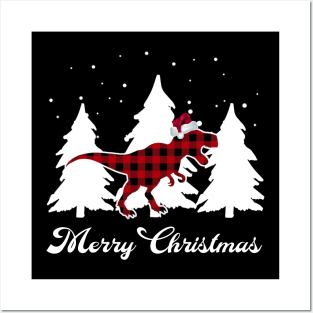 Merry Christmas Buffalo Plaid Dinosaur Santa T rex Pajama Posters and Art